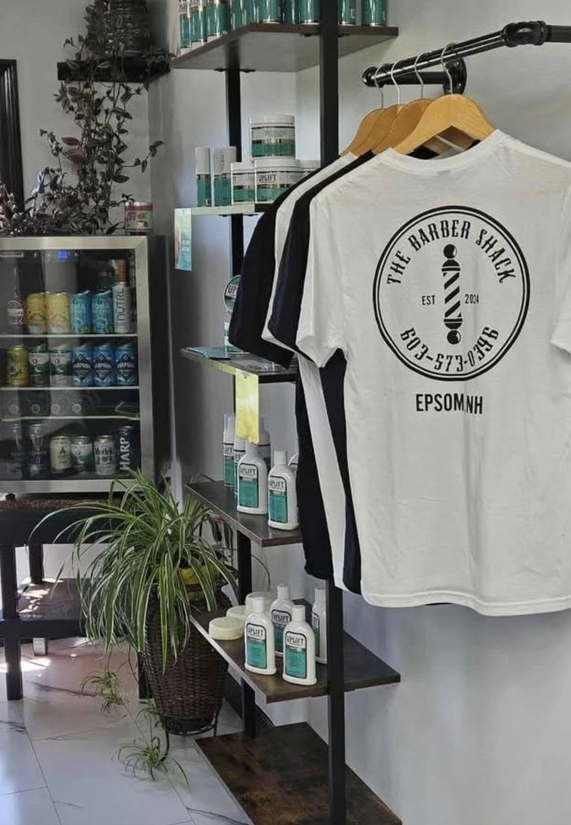 Barber Shack branded t-shirts and cold drinks